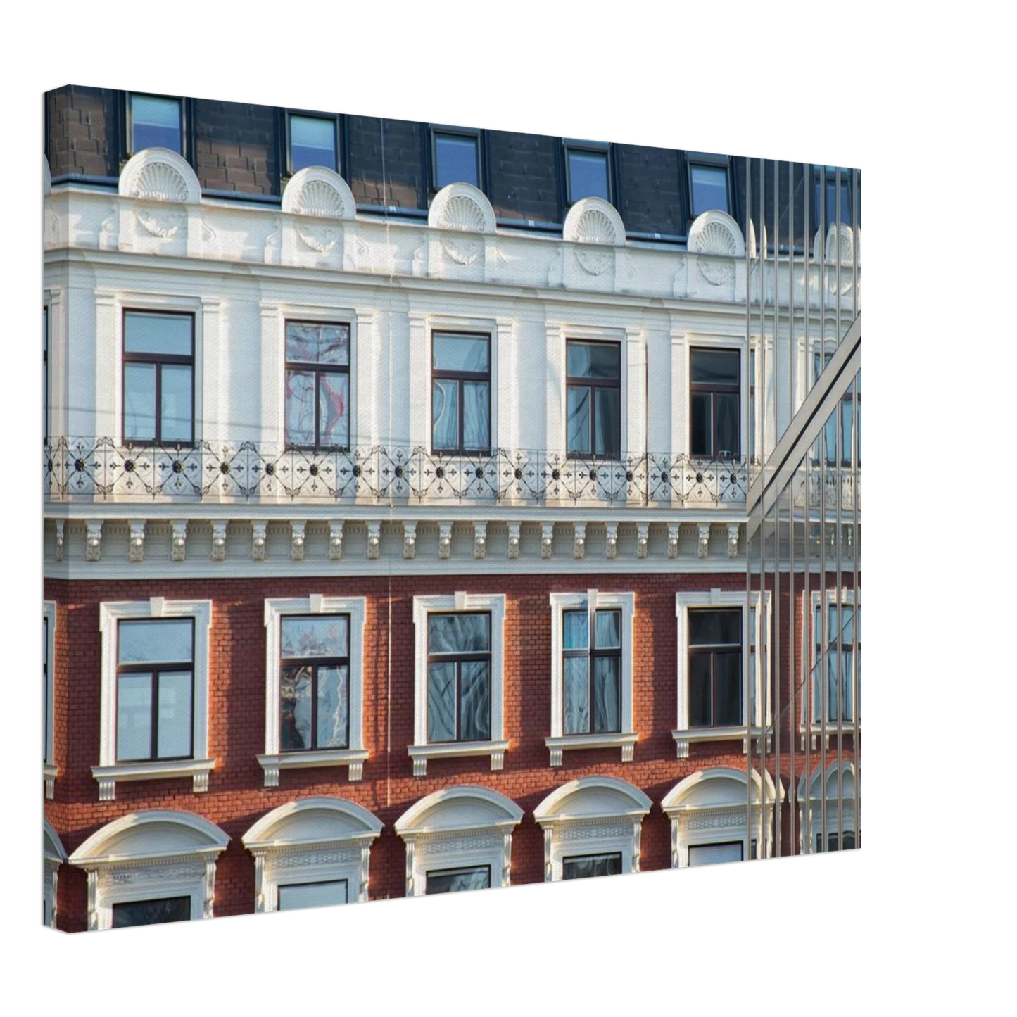 Canvas print wall art Historic European-style Modern Houseblock building facade with multiple windows and elegant architectural details