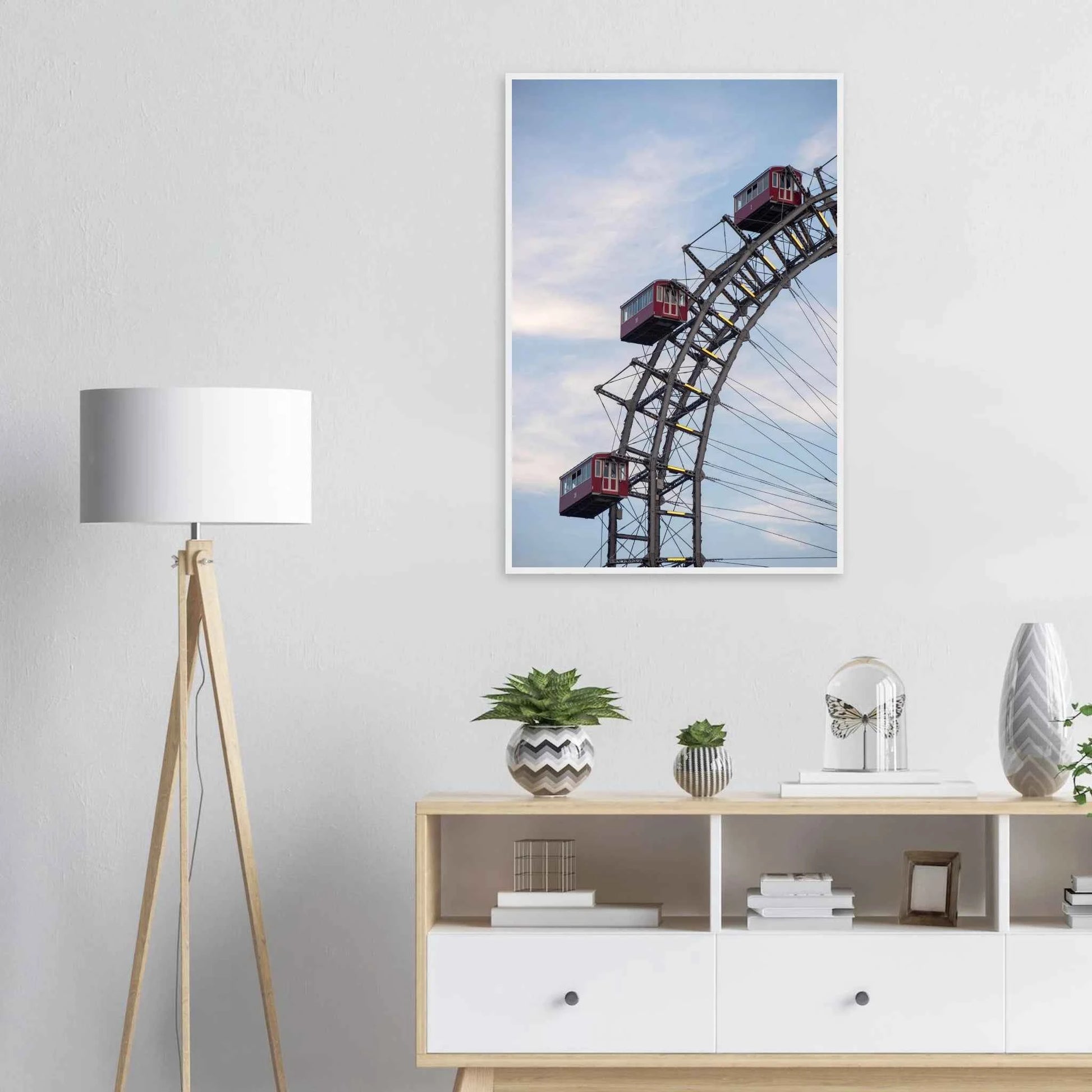 Close up of the historic Vienna Prater Giant Ferris Wheel (Wiener Riesenrad) showing its iconic steel structure and vintage mechanical details on wooden framed wall art on the wall in the Livingroom