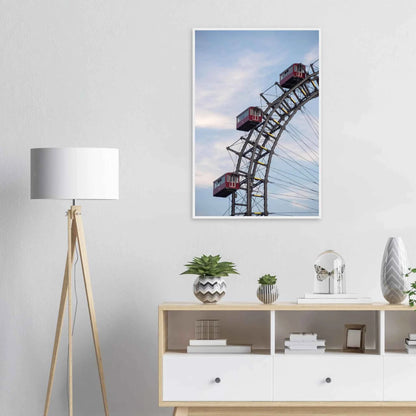 Close up of the historic Vienna Prater Giant Ferris Wheel (Wiener Riesenrad) showing its iconic steel structure and vintage mechanical details on wooden framed wall art on the wall in the Livingroom