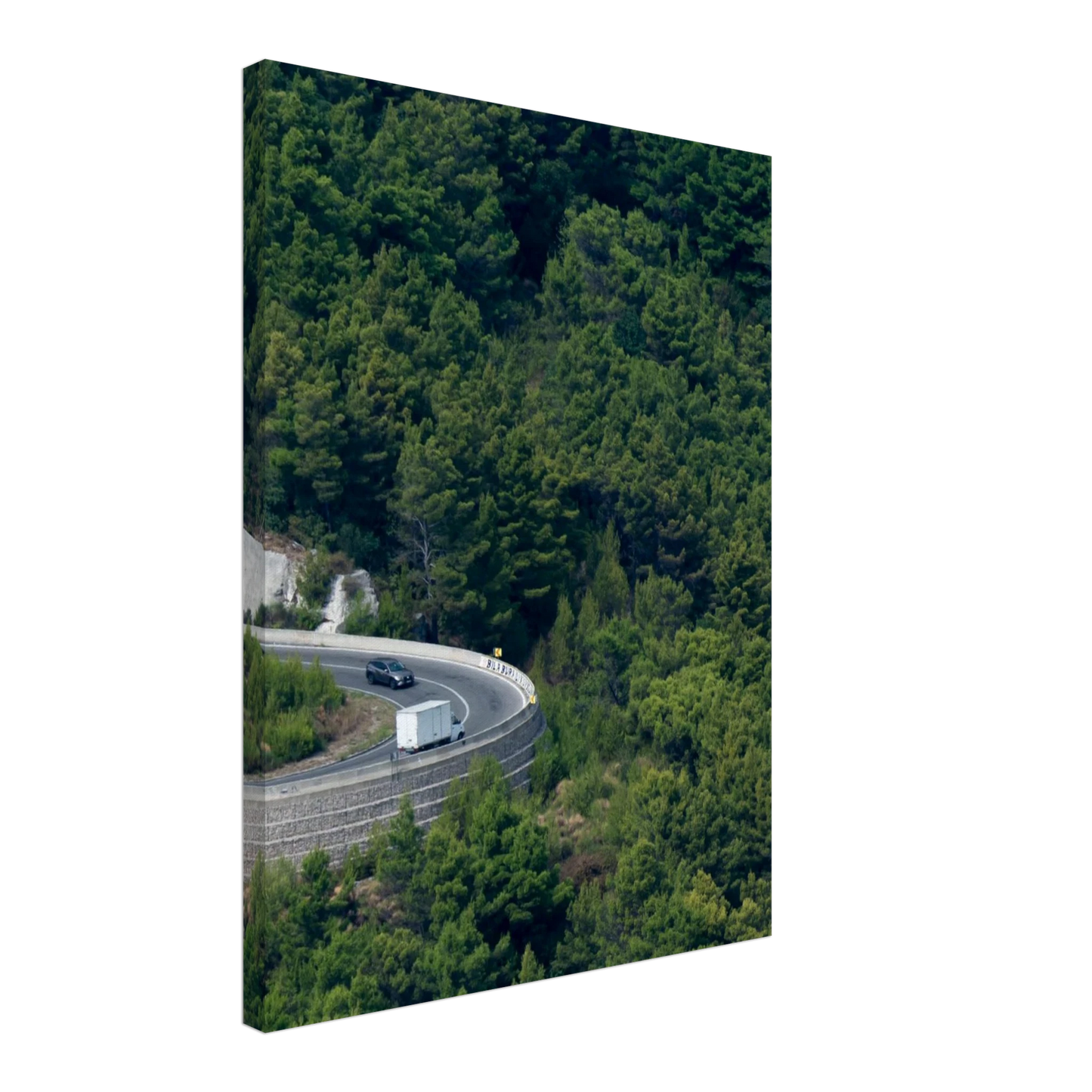 Aerial view of a winding road curve with cars surrounded by lush green forest landscape on Canvas print wall art