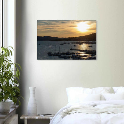 Canvas Print wall art of small boats anchored in a seaside port during Sunset at the harbor on the wall in the Bedroom