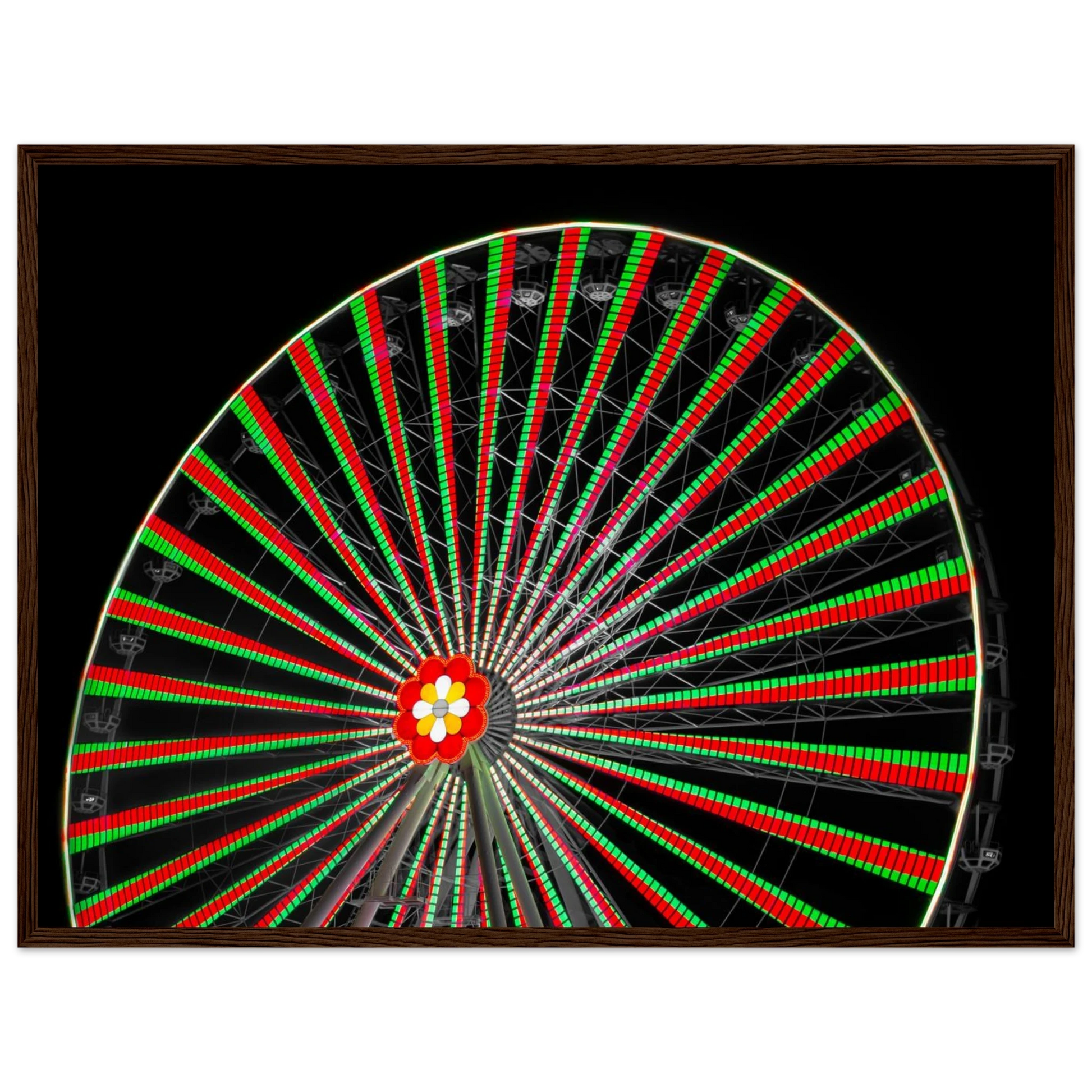 Night photo of the Vienna Prater Giant Ferris Wheel (Wiener Riesenrad) illuminated with warm golden lights against a dark sky on wooden framed wall art