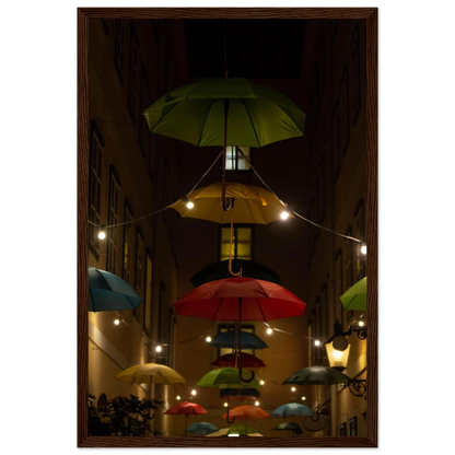 Nighttime street scene with colorful illuminated umbrellas hanging as decoration above a vibrant outdoor area on a wooden frame wall art