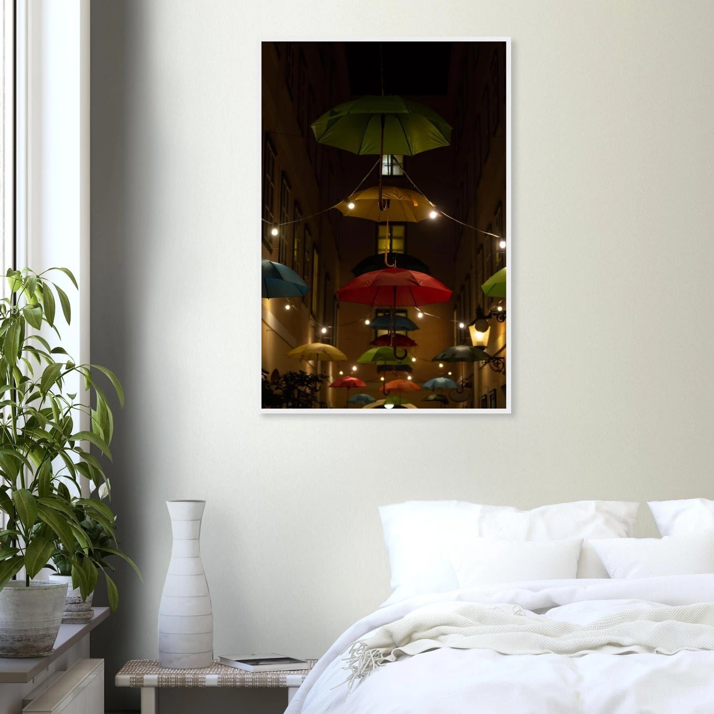 Nighttime street scene with colorful illuminated umbrellas hanging as decoration above a vibrant outdoor area on a wooden frame wall art on the wall in the Bedroom