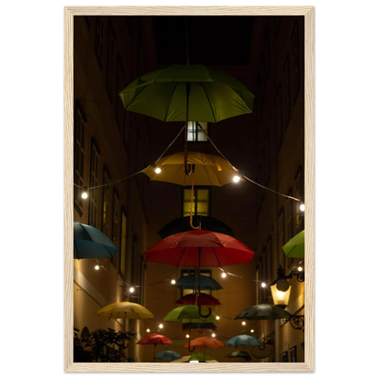Nighttime street scene with colorful illuminated umbrellas hanging as decoration above a vibrant outdoor area on a wooden frame wall art
