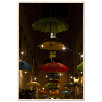 Nighttime street scene with colorful illuminated umbrellas hanging as decoration above a vibrant outdoor area on a wooden frame wall art