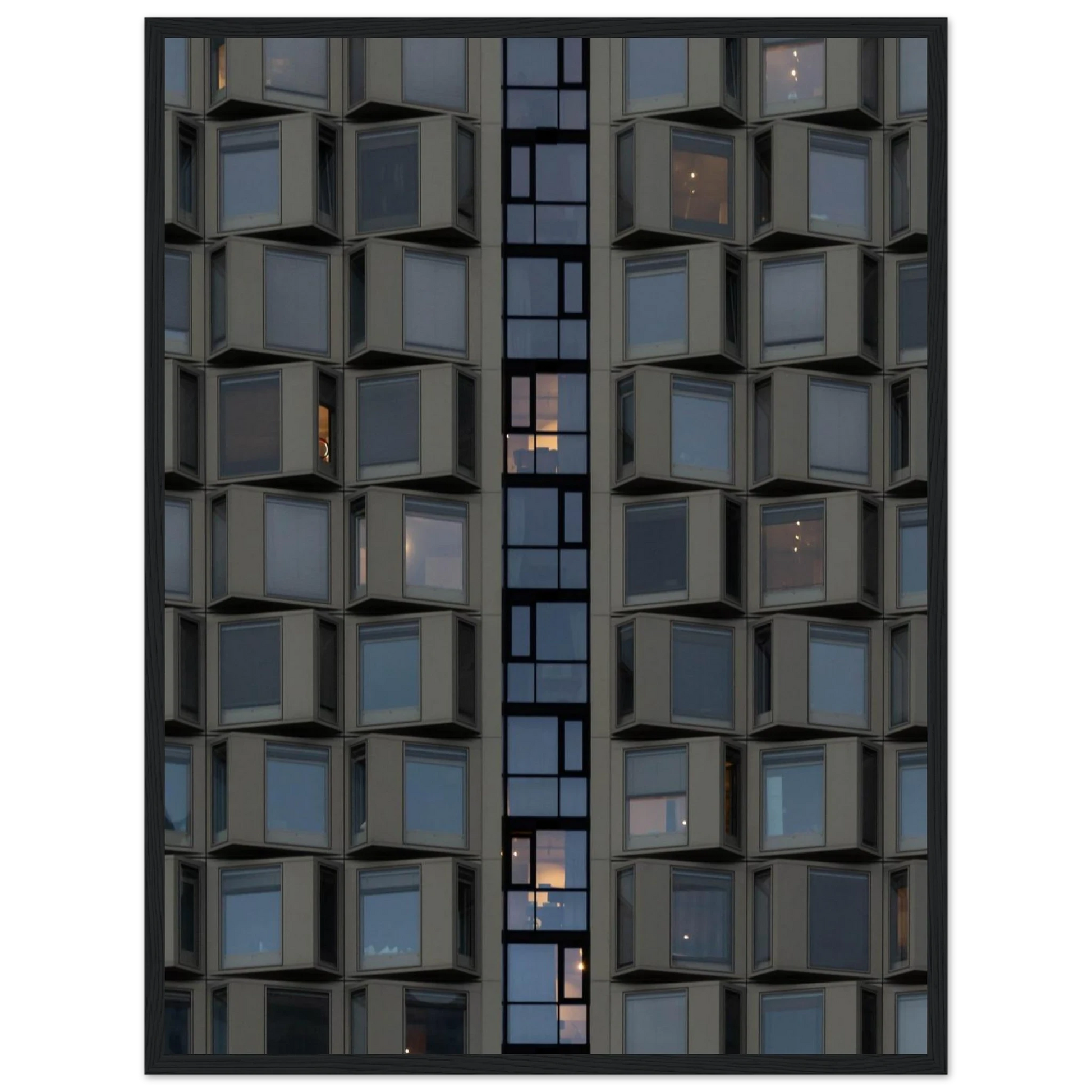 Close up view of a modern building facade with a grid of reflective glass windows on wooden frame wall art