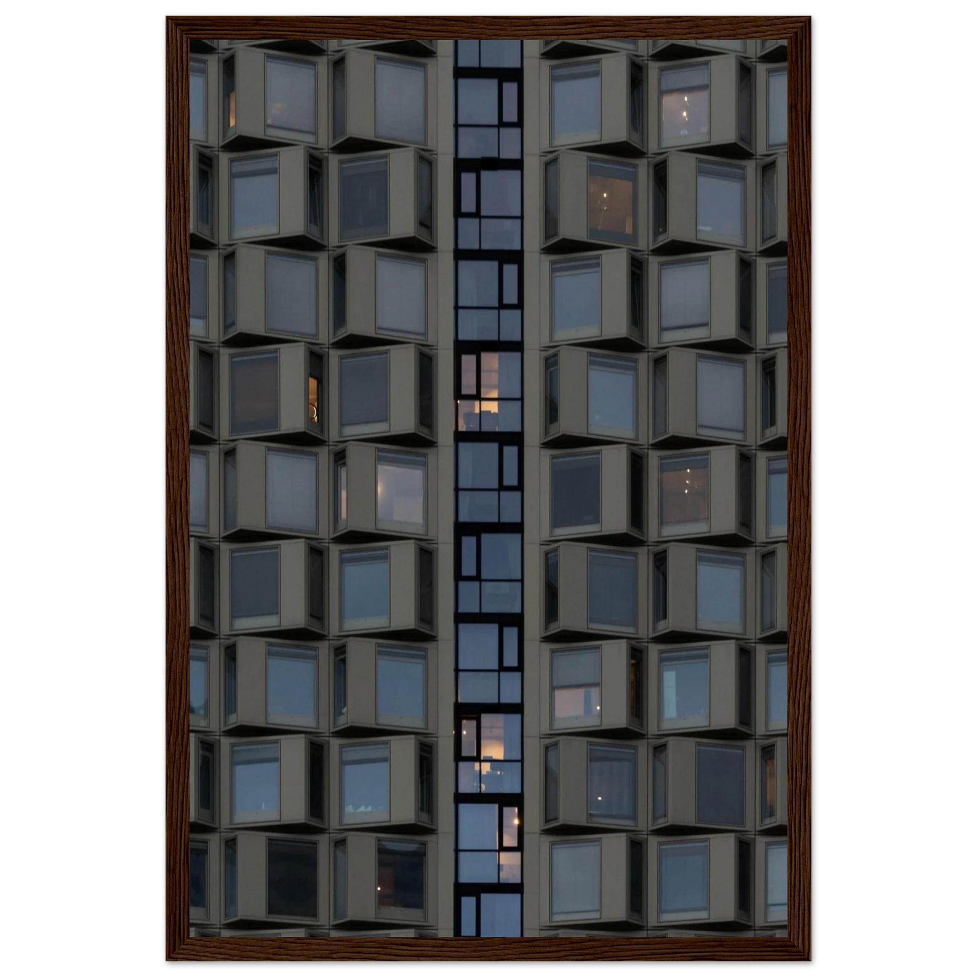 Close up view of a modern building facade with a grid of reflective glass windows on wooden frame wall art