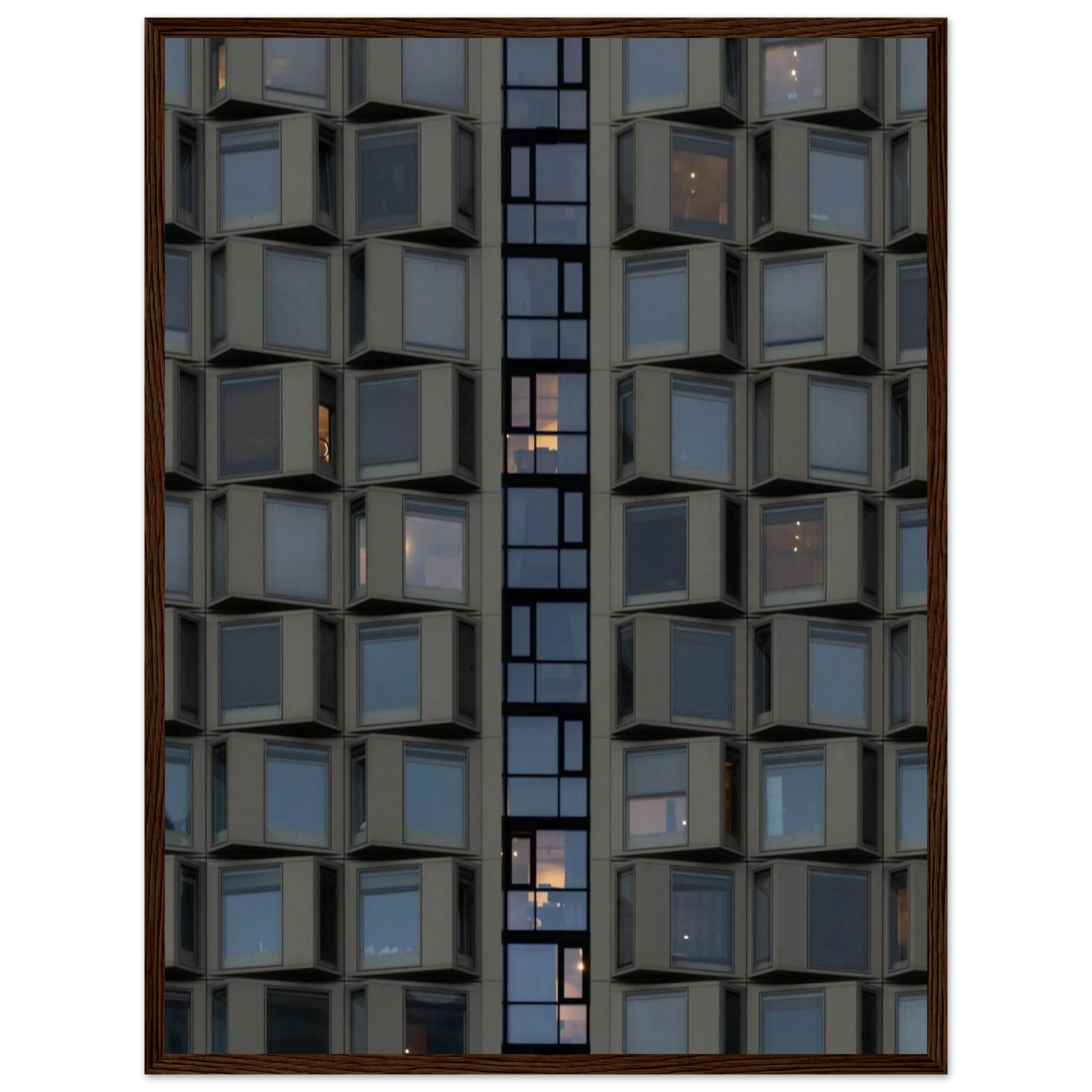 Close up view of a modern building facade with a grid of reflective glass windows on wooden frame wall art