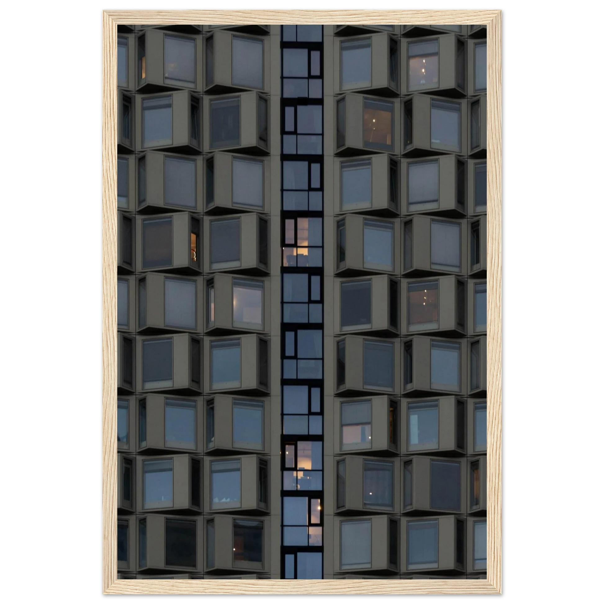 Close up view of a modern building facade with a grid of reflective glass windows on wooden frame wall art
