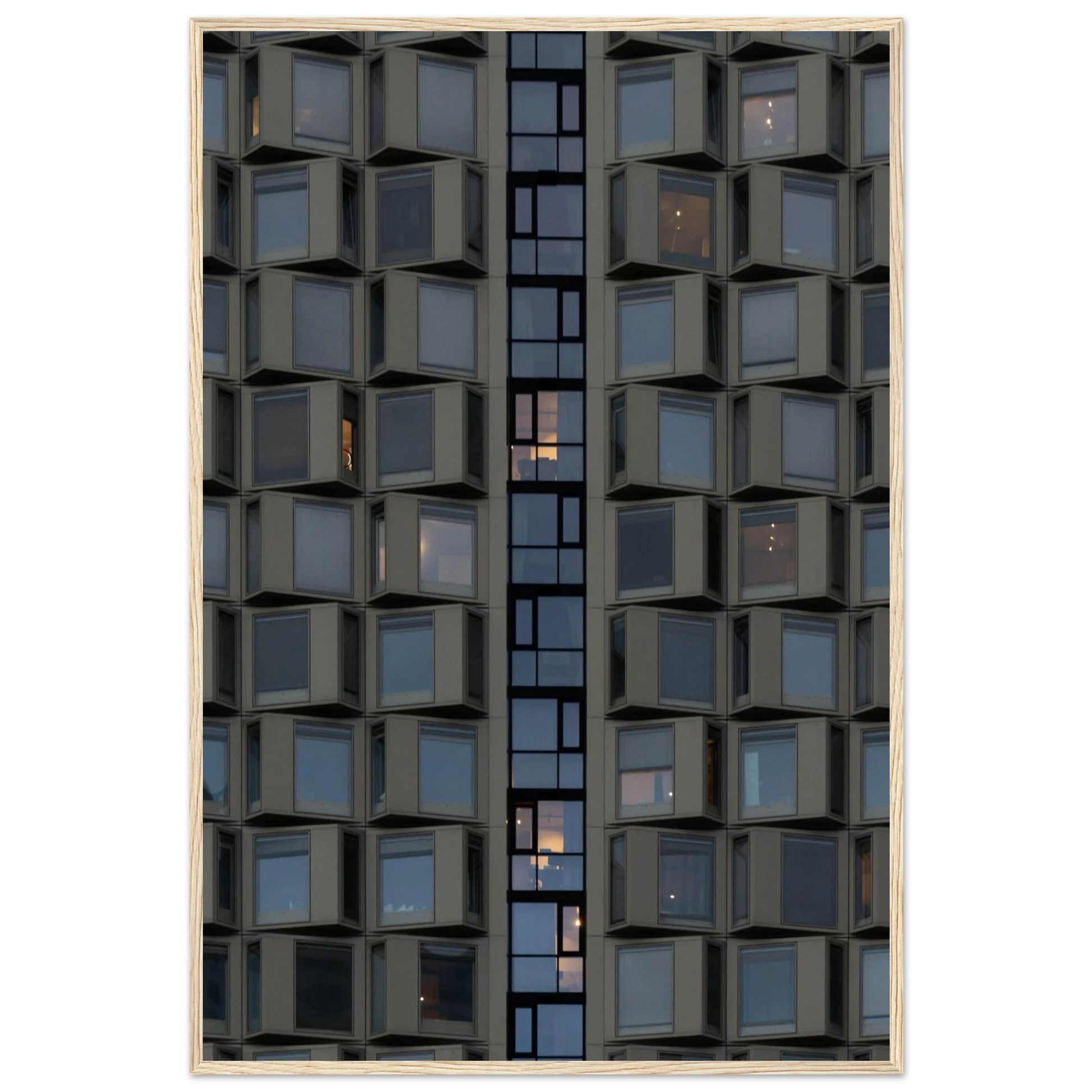 Close up view of a modern building facade with a grid of reflective glass windows on wooden frame wall art