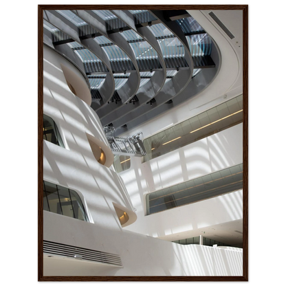 Interior view of the Library of WU (Vienna University of Economics and Business) on wooden frame wall art featuring modern architecture with multiple floors and open study spaces