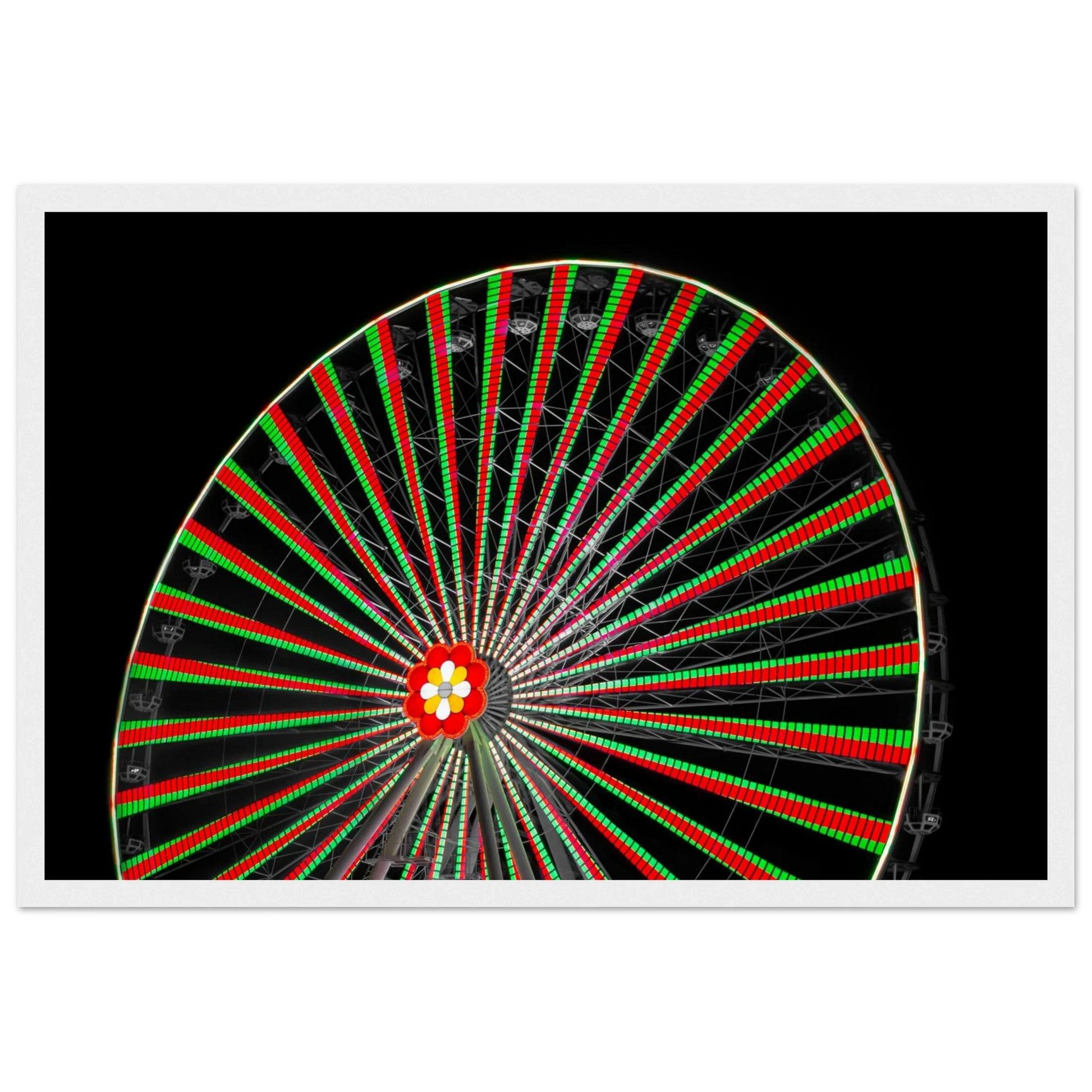 Night photo of the Vienna Prater Giant Ferris Wheel (Wiener Riesenrad) illuminated with warm golden lights against a dark sky on wooden framed wall art