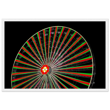 Night photo of the Vienna Prater Giant Ferris Wheel (Wiener Riesenrad) illuminated with warm golden lights against a dark sky on wooden framed wall art