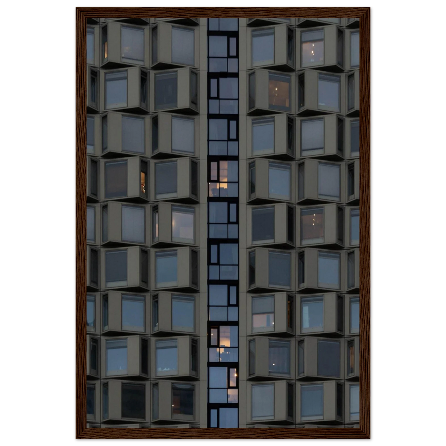 Close up view of a modern building facade with a grid of reflective glass windows on wooden frame wall art