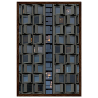 Close up view of a modern building facade with a grid of reflective glass windows on wooden frame wall art