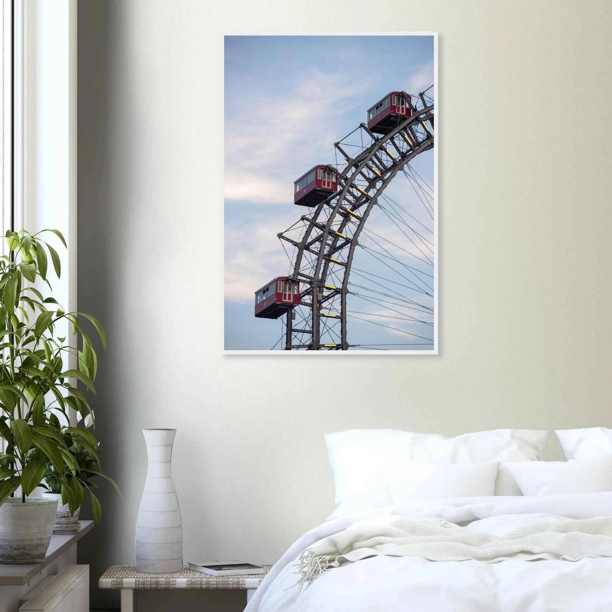 Close up of the historic Vienna Prater Giant Ferris Wheel (Wiener Riesenrad) showing its iconic steel structure and vintage mechanical details on wooden framed wall art on the wall in the Bedroom