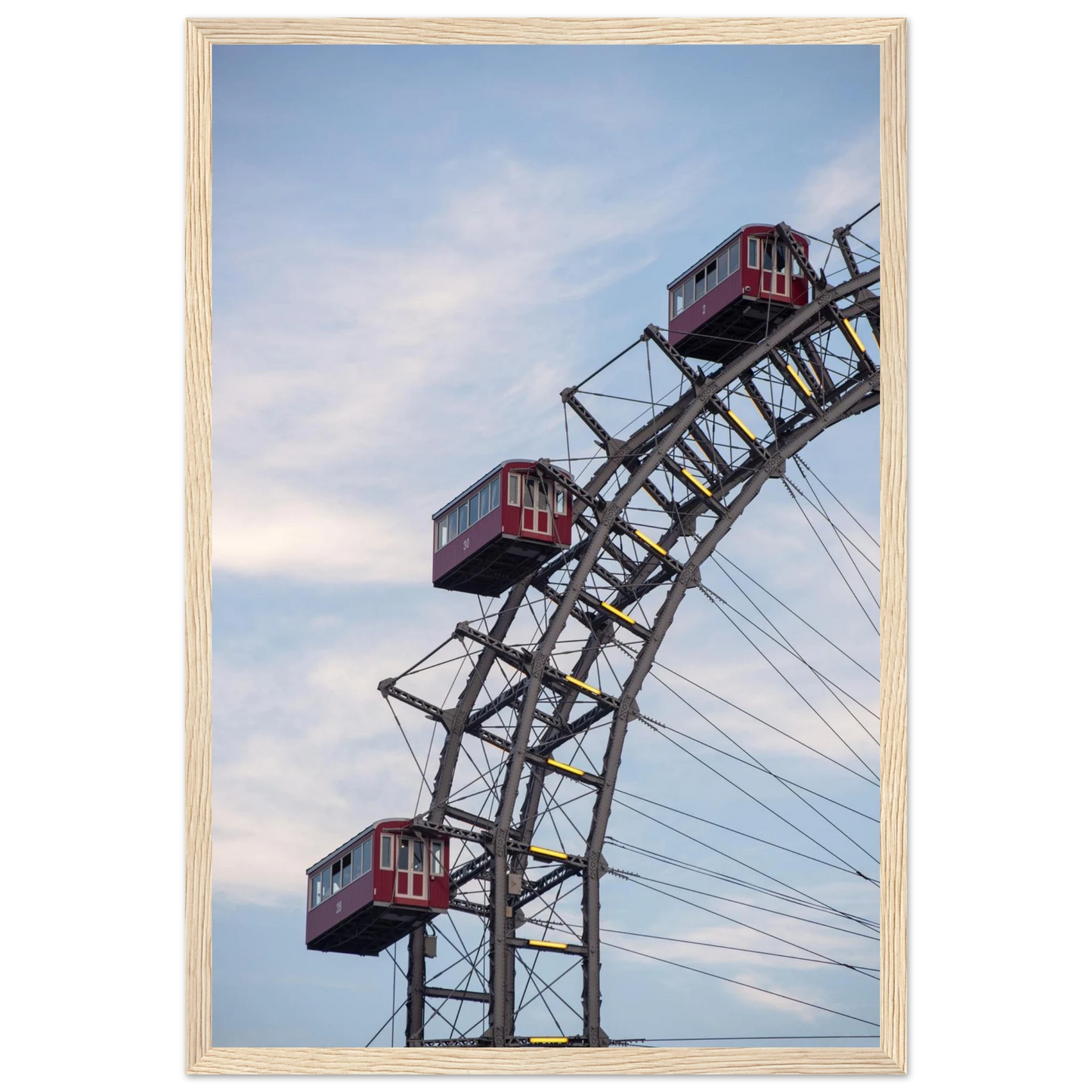 Close up of the historic Vienna Prater Giant Ferris Wheel (Wiener Riesenrad) showing its iconic steel structure and vintage mechanical details on wooden framed wall art