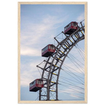 Close up of the historic Vienna Prater Giant Ferris Wheel (Wiener Riesenrad) showing its iconic steel structure and vintage mechanical details on wooden framed wall art