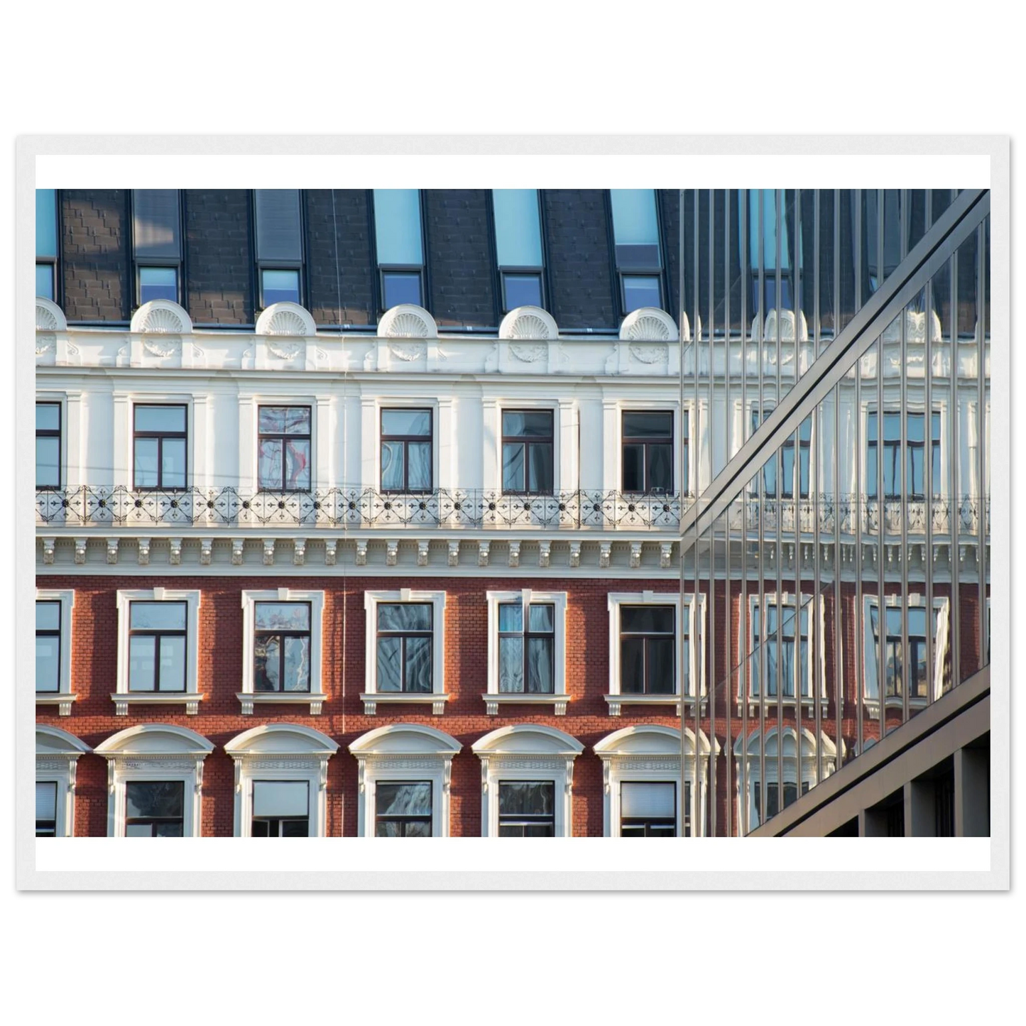 Wooden framed wall art Historic European-style Modern Houseblock building facade with multiple windows and elegant architectural details