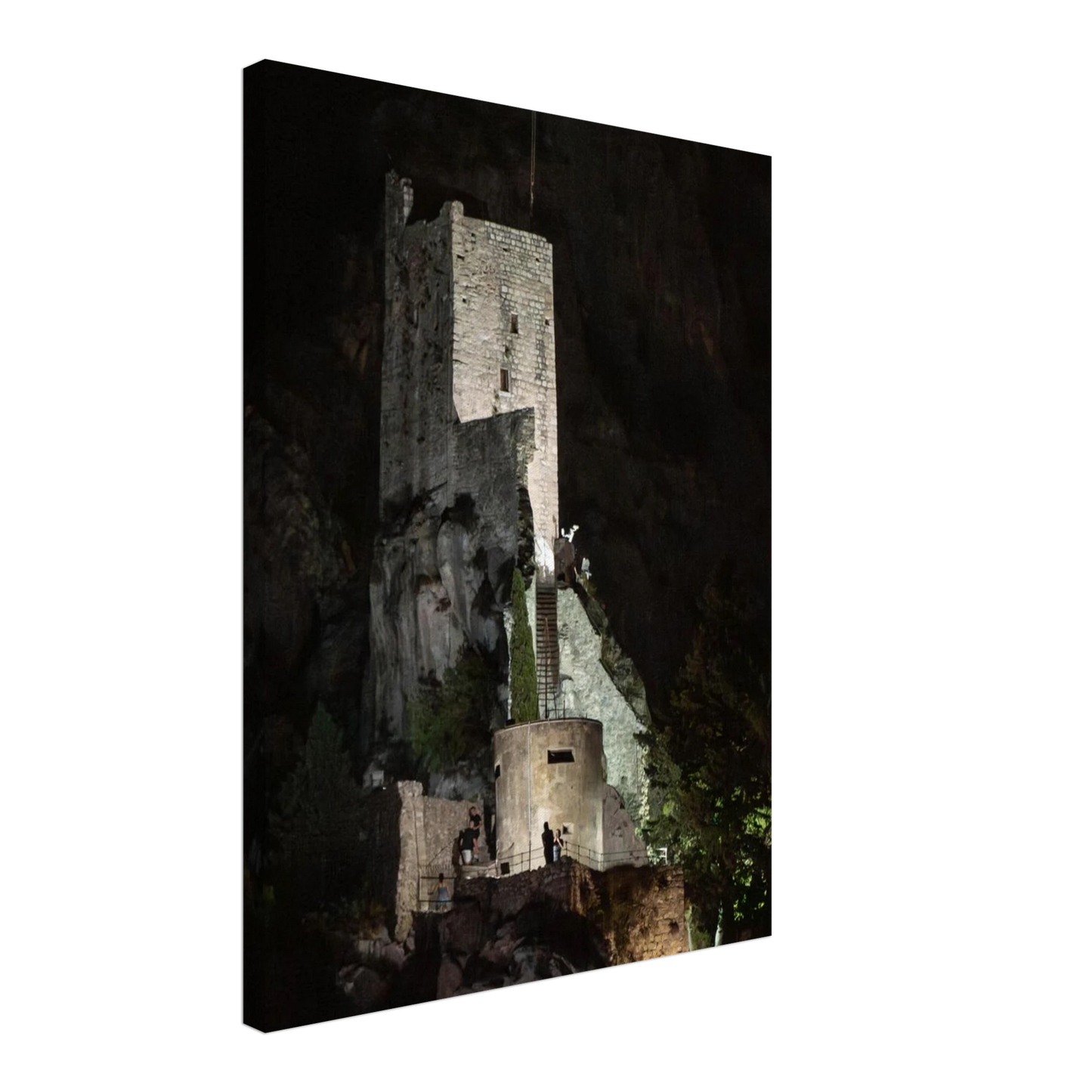 Canvas Print wall art of an ancient stone bastion decorated with green climbing plants against a dark background in Shadow Keep
