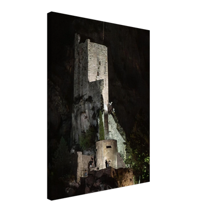 Canvas Print wall art of an ancient stone bastion decorated with green climbing plants against a dark background in Shadow Keep