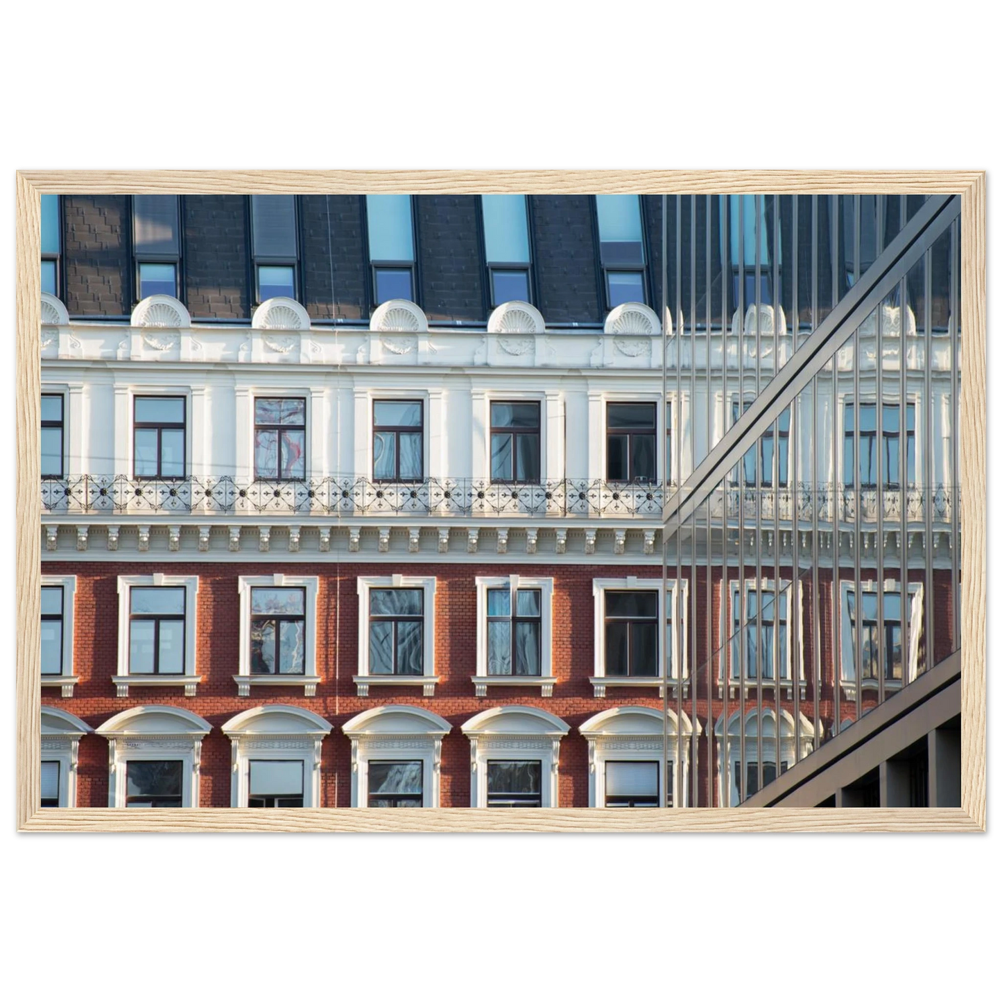 Wooden framed wall art Historic European-style Modern Houseblock building facade with multiple windows and elegant architectural details