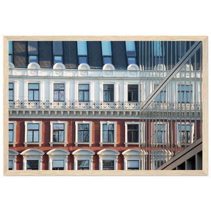 Wooden framed wall art Historic European-style Modern Houseblock building facade with multiple windows and elegant architectural details