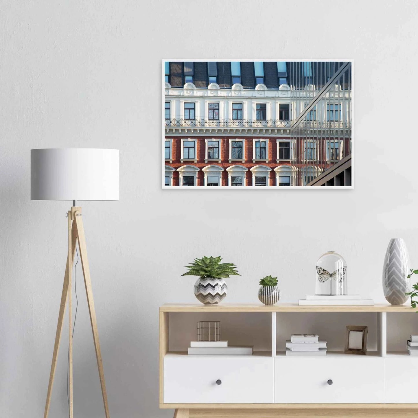 Wooden framed wall art Historic European-style Modern Houseblock building facade with multiple windows and elegant architectural details on the wall in the Livingroom