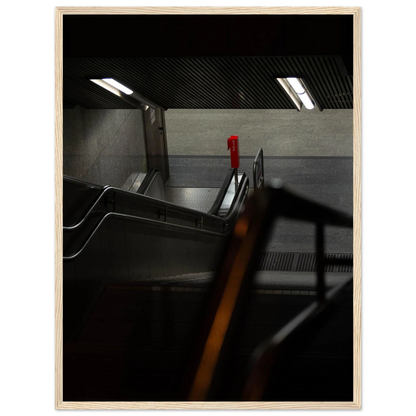 Nighttime view of a metro station entrance with illuminated signs and dark urban surroundings on wooden framed wall art
