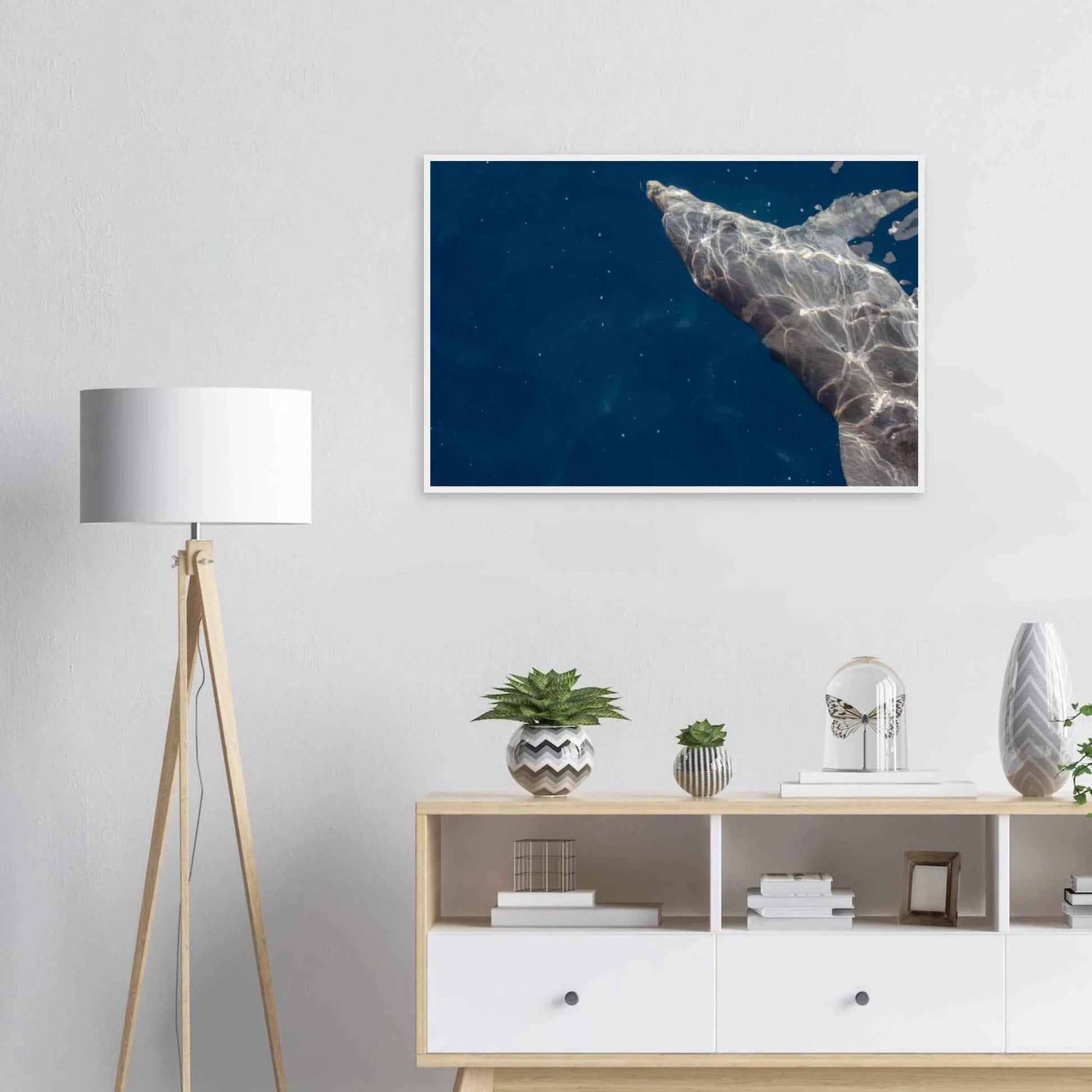 Wooden framed wall art featuring a close-up of a Dolphin swimming under the surface of crystal clear blue sea water on the wall in the Livingroom