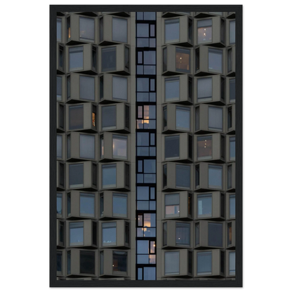 Close up view of a modern building facade with a grid of reflective glass windows on wooden frame wall art