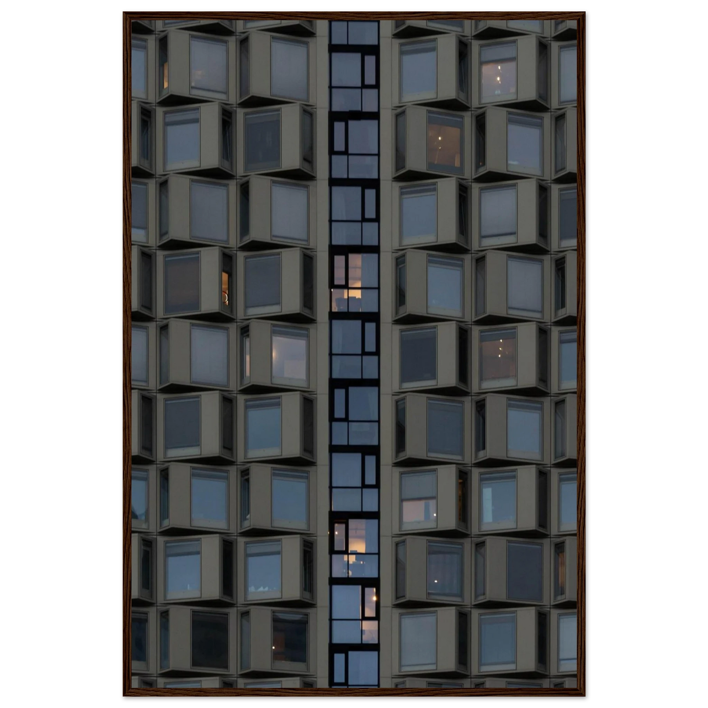 Close up view of a modern building facade with a grid of reflective glass windows on wooden frame wall art