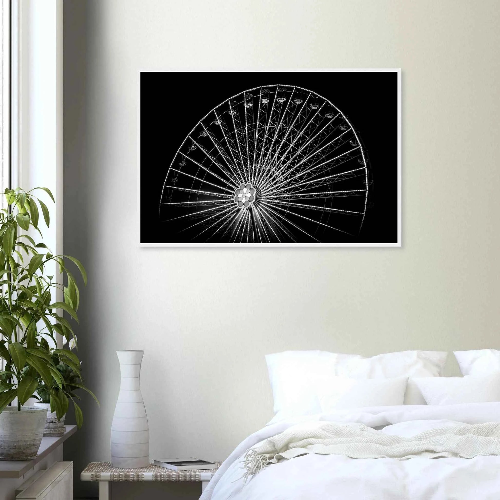 Black and white night photo of the Vienna Prater Giant Ferris Wheel (Wiener Riesenrad) with illuminated spokes forming a circular pattern against the dark sky on wooden framed wall art on the wall in the Bedroom