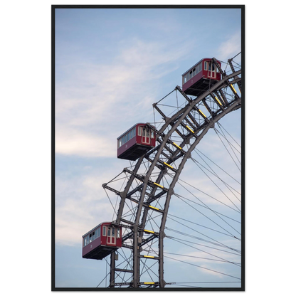 Close up of the historic Vienna Prater Giant Ferris Wheel (Wiener Riesenrad) showing its iconic steel structure and vintage mechanical details on wooden framed wall art