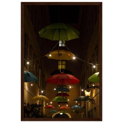 Nighttime street scene with colorful illuminated umbrellas hanging as decoration above a vibrant outdoor area on a wooden frame wall art