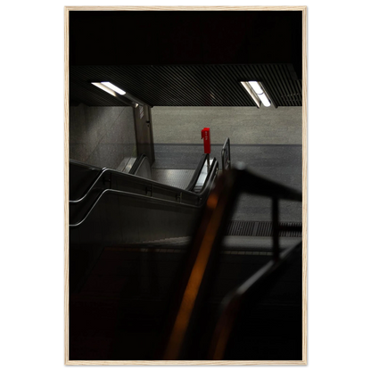 Nighttime view of a metro station entrance with illuminated signs and dark urban surroundings on wooden framed wall art