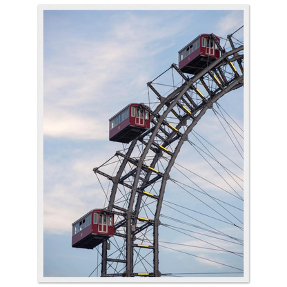 Close up of the historic Vienna Prater Giant Ferris Wheel (Wiener Riesenrad) showing its iconic steel structure and vintage mechanical details on wooden framed wall art