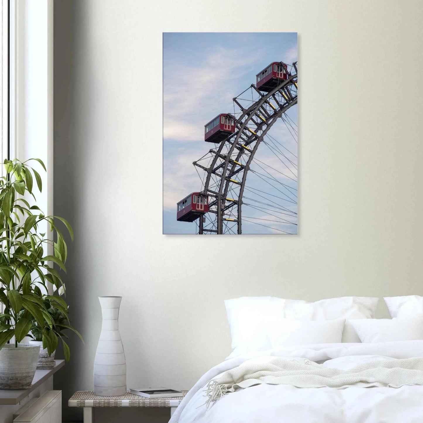 Close up of the historic Vienna Prater Giant Ferris Wheel (Wiener Riesenrad) showing its iconic steel structure and vintage mechanical details on Canvas print wall art on the wall in the Bedroom