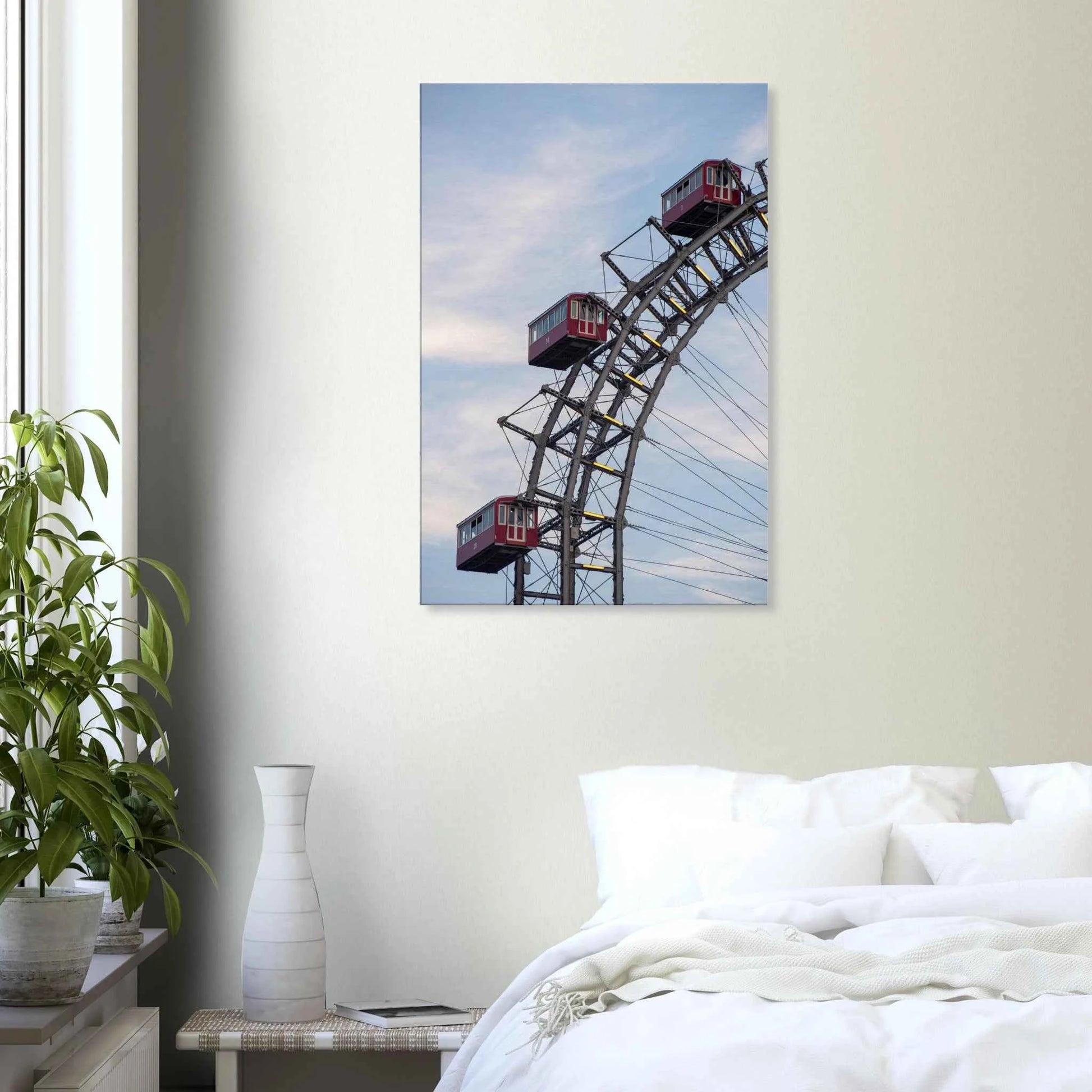 Close up of the historic Vienna Prater Giant Ferris Wheel (Wiener Riesenrad) showing its iconic steel structure and vintage mechanical details on Canvas print wall art on the wall in the Bedroom