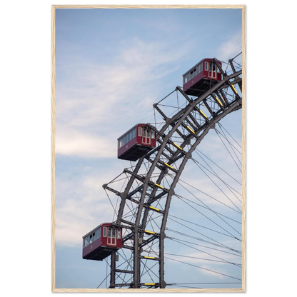 Close up of the historic Vienna Prater Giant Ferris Wheel (Wiener Riesenrad) showing its iconic steel structure and vintage mechanical details on wooden framed wall art