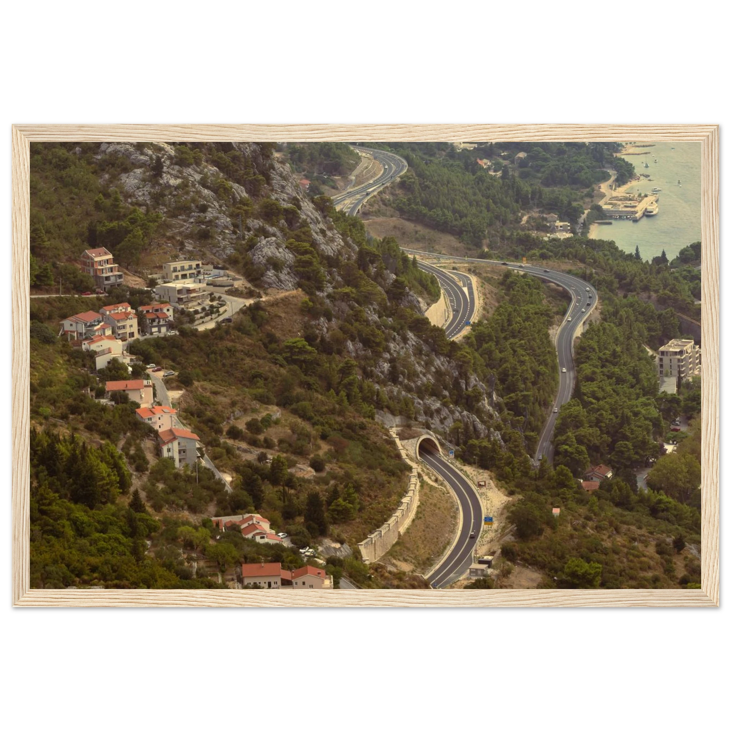 Classic, retro oil painting of a detailed landscape scene with lush trees, figures and rich natural surroundings on wooden framed wall art