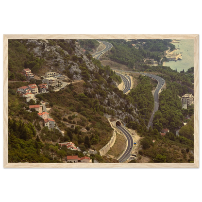 Classic, retro oil painting of a detailed landscape scene with lush trees, figures and rich natural surroundings on wooden framed wall art