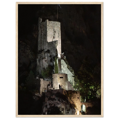 Wooden framed wall art of an ancient stone bastion decorated with green climbing plants against a dark background in Shadow Keep