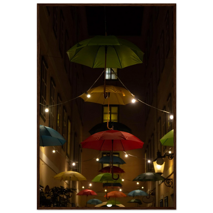 Nighttime street scene with colorful illuminated umbrellas hanging as decoration above a vibrant outdoor area on a wooden frame wall art