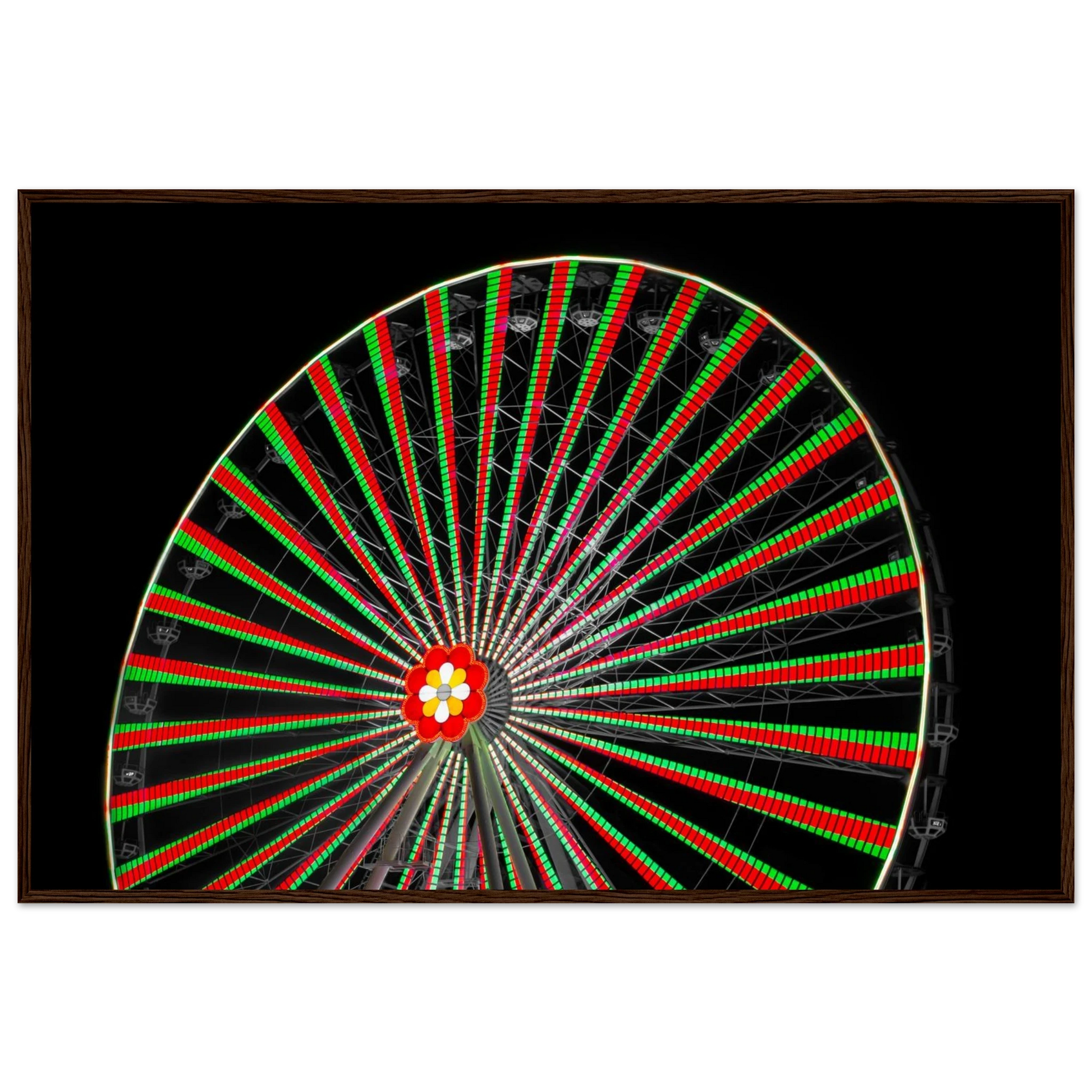 Night photo of the Vienna Prater Giant Ferris Wheel (Wiener Riesenrad) illuminated with warm golden lights against a dark sky on wooden framed wall art