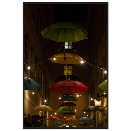 Nighttime street scene with colorful illuminated umbrellas hanging as decoration above a vibrant outdoor area on a wooden frame wall art