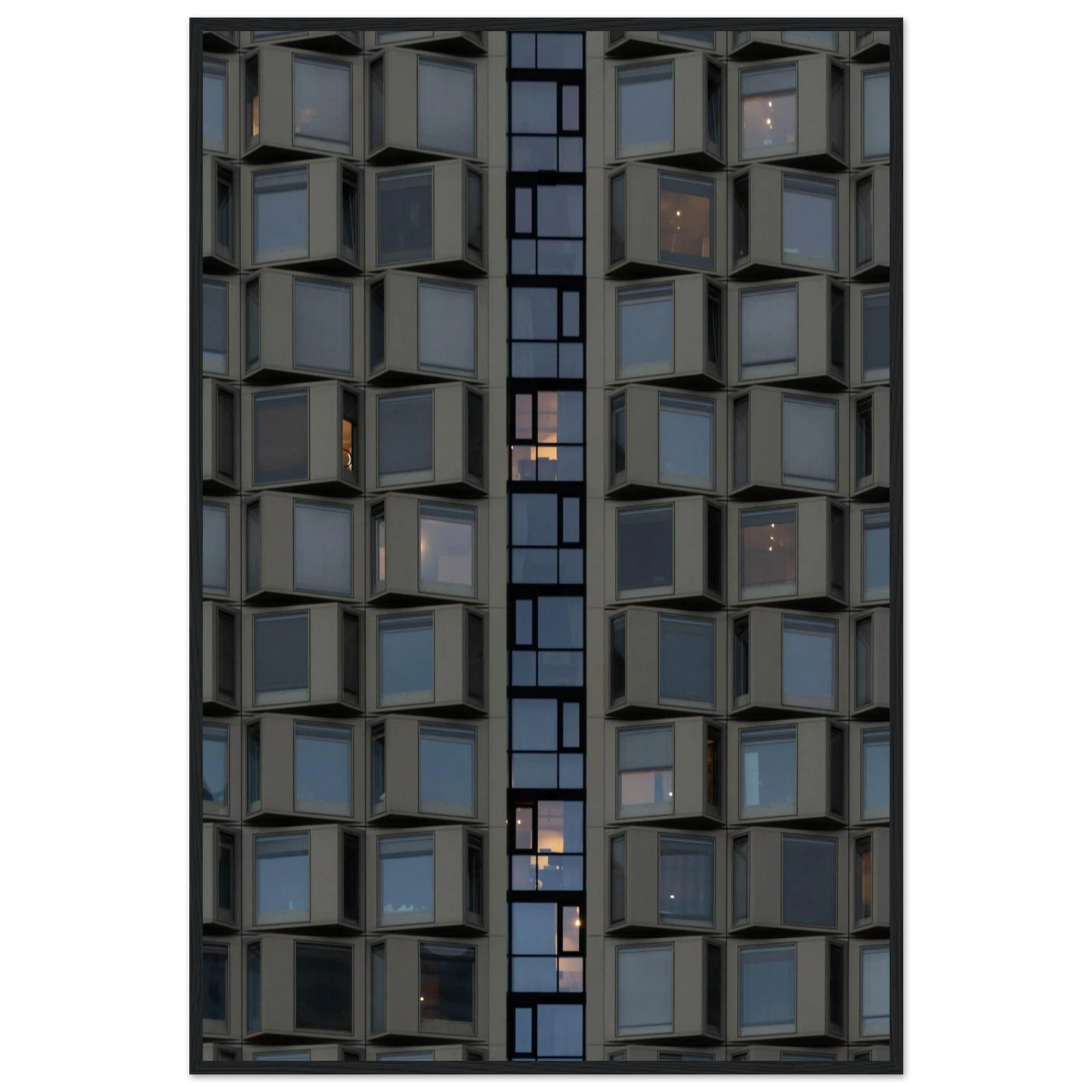 Close up view of a modern building facade with a grid of reflective glass windows on wooden frame wall art