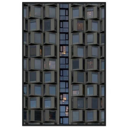 Close up view of a modern building facade with a grid of reflective glass windows on wooden frame wall art