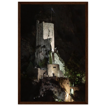 Wooden framed wall art of an ancient stone bastion decorated with green climbing plants against a dark background in Shadow Keep